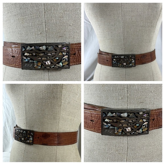 Vintage sterling 925 abalone belt buckle marlin Tony Lama lizard Mexico size 38 - Picture 4 of 15